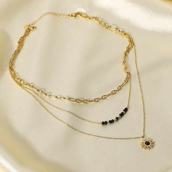 fashion contrast color black rice bead sunflower pendant threelayer necklace