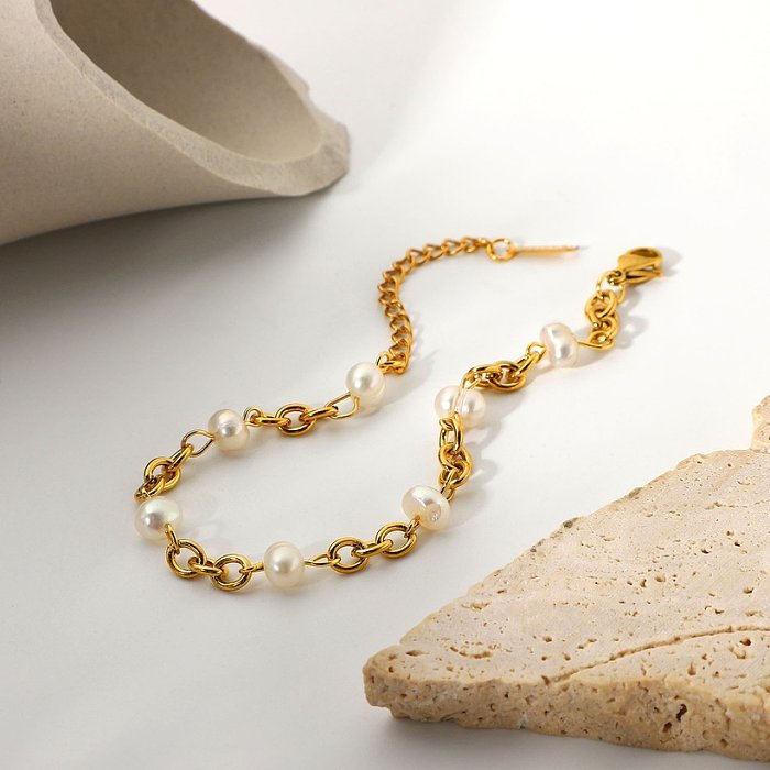 Europäisches und amerikanisches Ins Hot Selling Produkt Edelstahl 18 Karat Gold überzog 6 natürliche Süßwasserperlen Kettenarmband Damenarmband