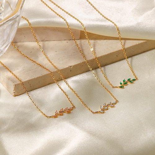 Elegant Leaf Titanium Steel Necklace Plating Rhinestones Stainless Steel Necklaces