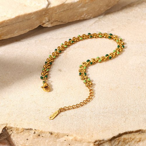 Fashion Women New 18K Gold Green Drop Olive Leaf Stainless Steel Bracelet