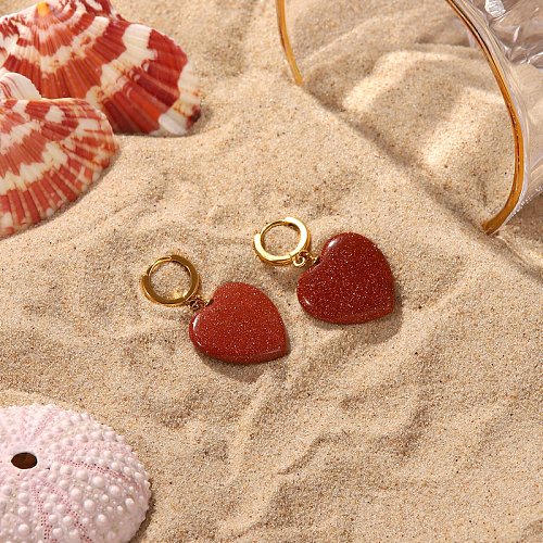 Pendientes colgantes en forma de corazón de piedra arenisca de oro rojo retro de acero inoxidable