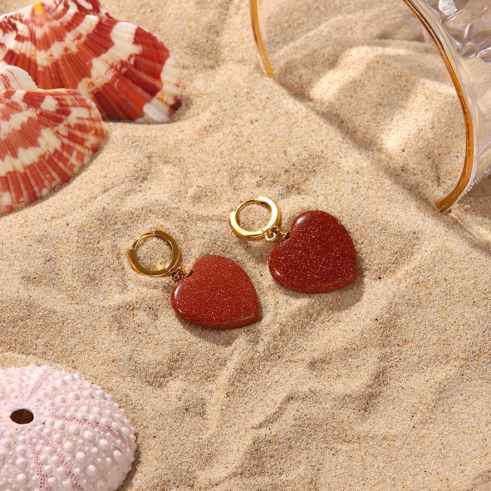 Fashion retro red gold sandstone heartshaped pendant earrings stainless steel