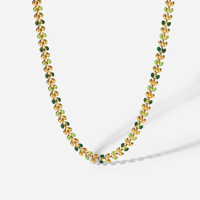 Colar feminino de aço inoxidável moda ouro 18k gota verde folha de oliveira