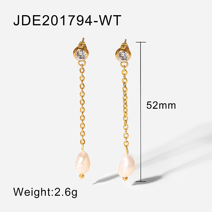 simple stainless steel white pink green zircon long chain pearl pendant earrings