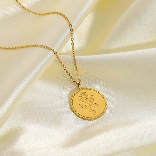 romantic round medal rose pendant stainless steel necklace