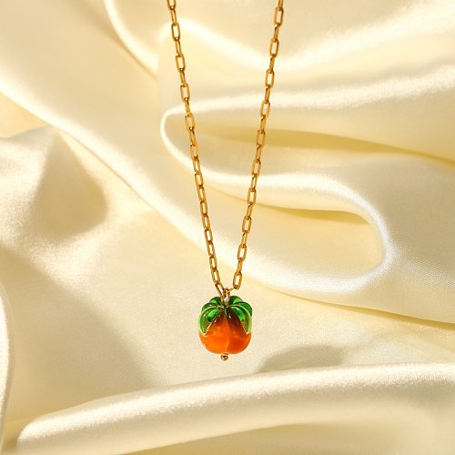 French 18K Gold Stainless Steel Cross Chain Glass Bead Persimmon Pendant Necklace