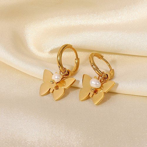Neuer Stil 18 Karat vergoldete glatte Schmetterlings-Perlen-Anhänger-Edelstahl-Ohrringe