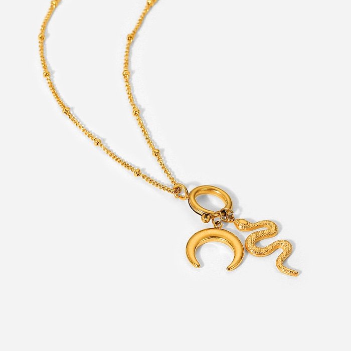 Collier pendentif rétro en acier inoxydable avec pendentif serpent lune en or 18 carats