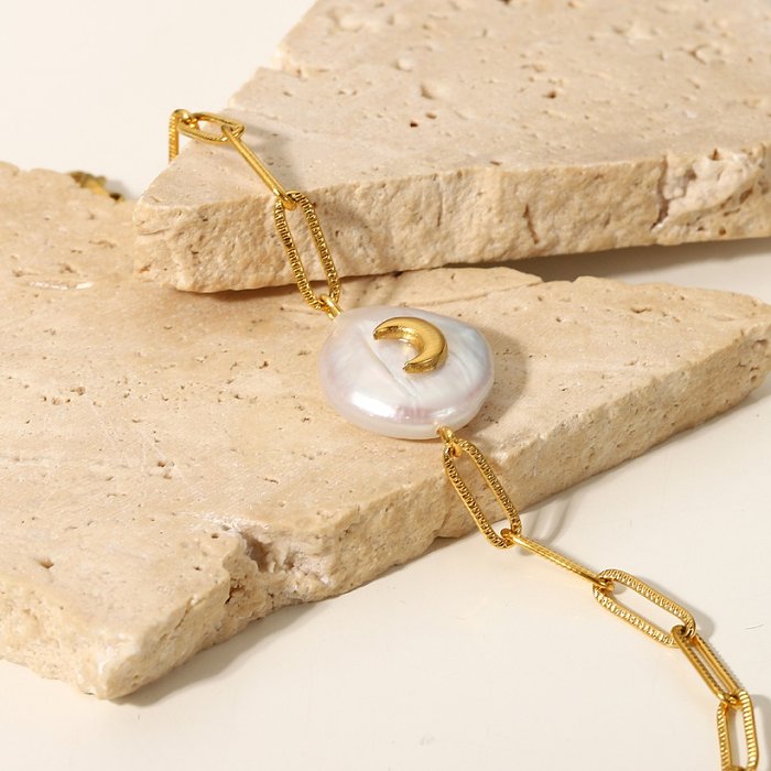 kreative Halbmond-Intarsien-Perlenkreuz-Schnallenkette 18 Karat vergoldetes Edelstahlarmband