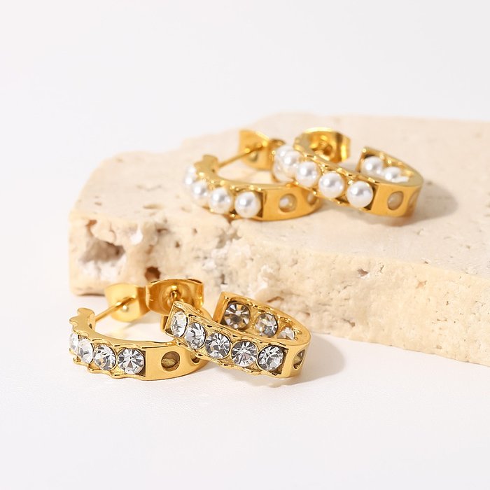 Pendientes geométricos de acero inoxidable con forma de C a la moda, pendientes de acero inoxidable con incrustaciones de perlas y circón