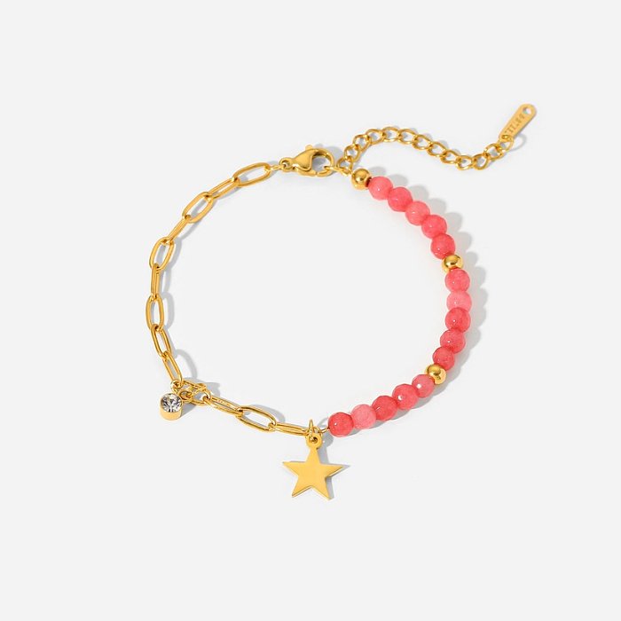Fashion Red Stone Star Pendant Cross Chain 18K Gold Stainless Steel Bracelet Ornament Women