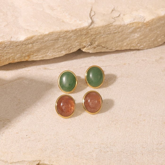 Fashion 14K Gold Oval Strawberry Quartz Green Aventurine Stainless Steel Ear Stud Earrings