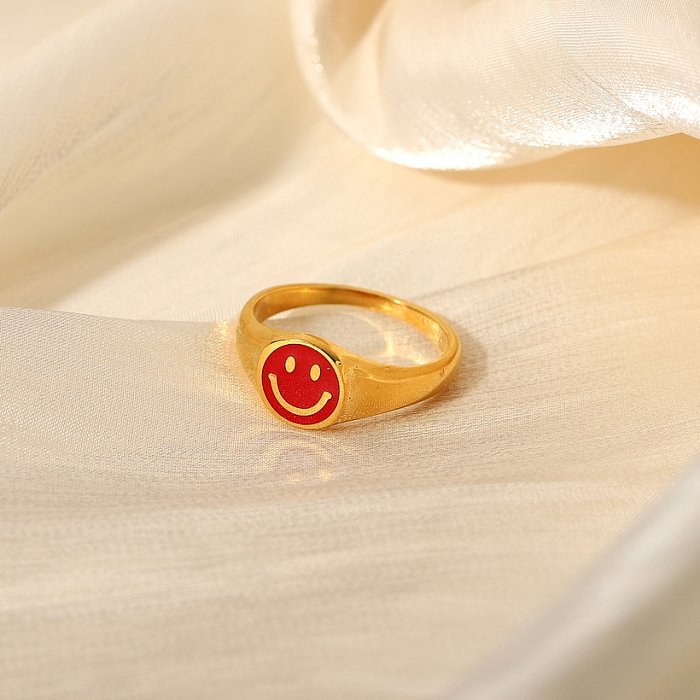 Red dripping smiley face ring 18K gold stainless steel ring