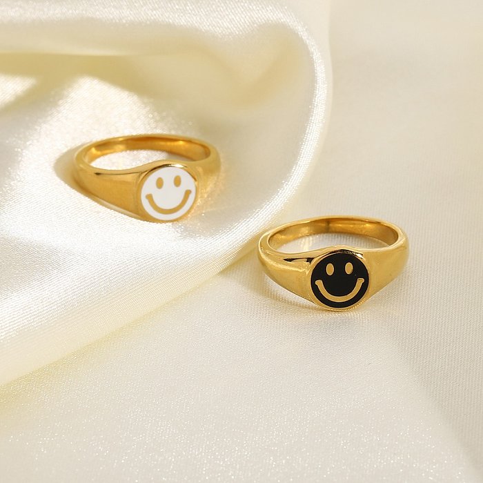 White dripping smiley face ring 18K gold stainless steel ring