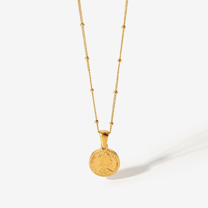 Vintage Stainless Steel Jewelry 18K Gold Bead Chain Hyperbolic Queen Elizabeth Disc Coin Pendant Necklace