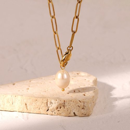 Fashion stainless steel paper clip chain pearl necklace