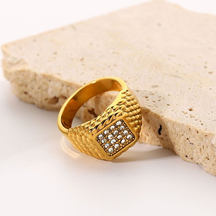 Retro Stainless Steel 18K Gold Plated Square Wide Multilayer Zircon Twist Ring