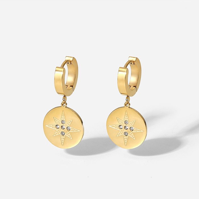 retro 14K gold eightpointed star round brand zircon pendant stainless steel earrings