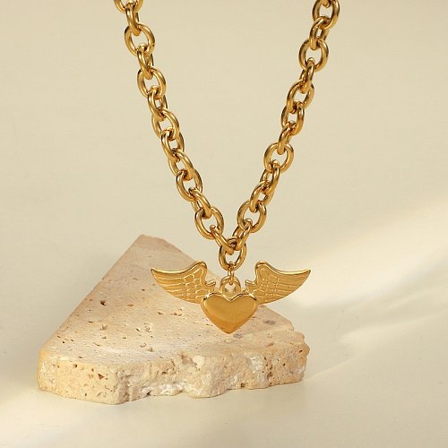 retro stainless steel 14K gold thick Ochain angel wings heart pendant necklace