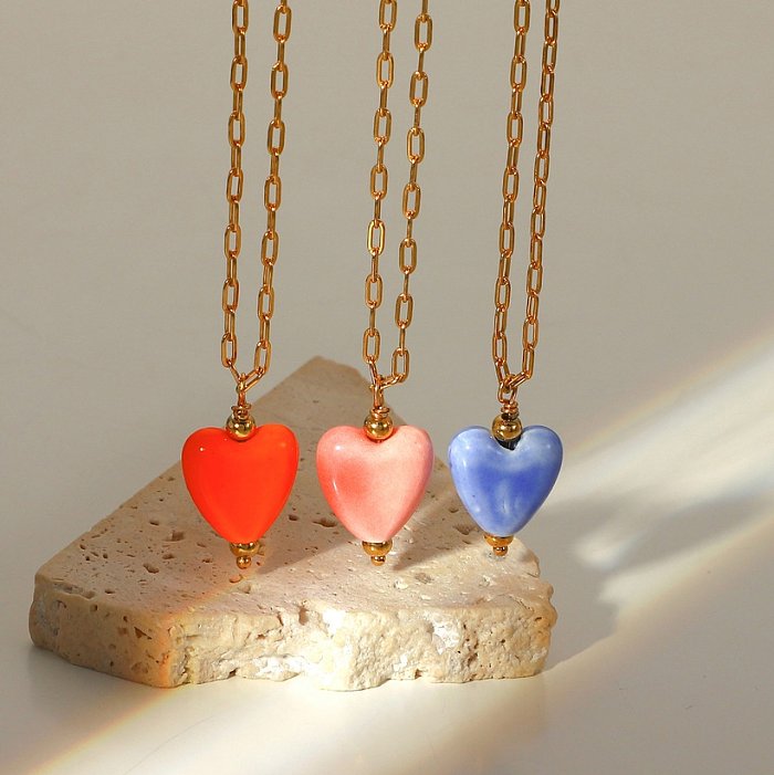 Mode 18 Karat Gold Edelstahl Kreuzkette Keramik Herz Anhänger Halskette