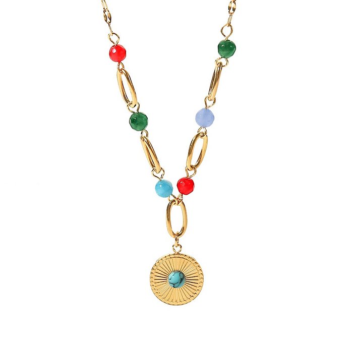 Fashion Round Stainless Steel Pendant Necklace Gold Plated Inlay Turquoise Stainless Steel Necklaces