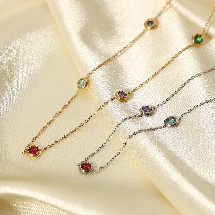 new stainless steel color fine chain seven colored round zirconium geometric necklace