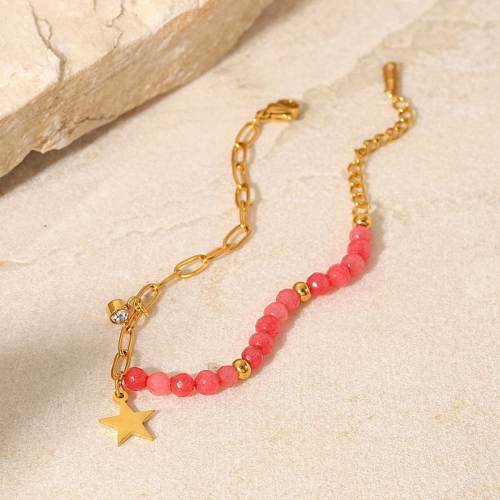 Fashion Red Stone Star Pendant Cross Chain 18K Gold Stainless Steel Bracelet Ornament Women