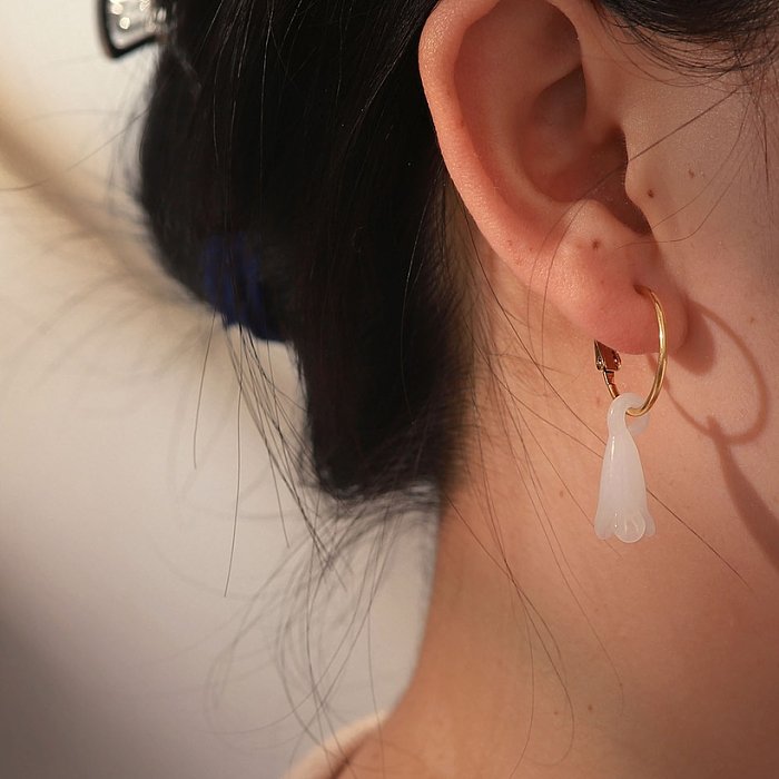 Fashion 18K Gold White Magnolia Flower Pendant Stainless Steel Earrings