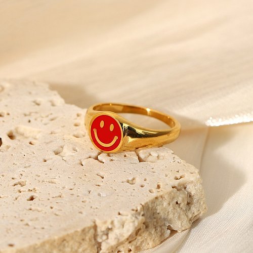 Anillo de cara sonriente roja que gotea Anillo de acero inoxidable de oro de 18 quilates