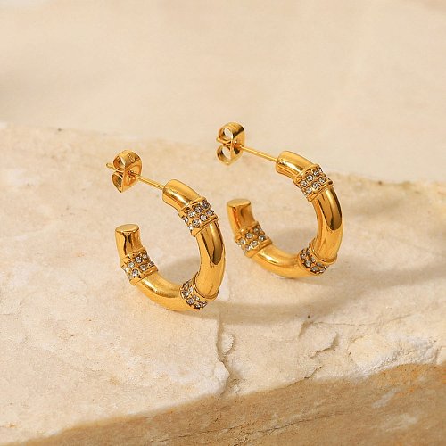 New Style 18K Gold plated stainless steel Inlaid Zirconium CShaped Geometric Earrings