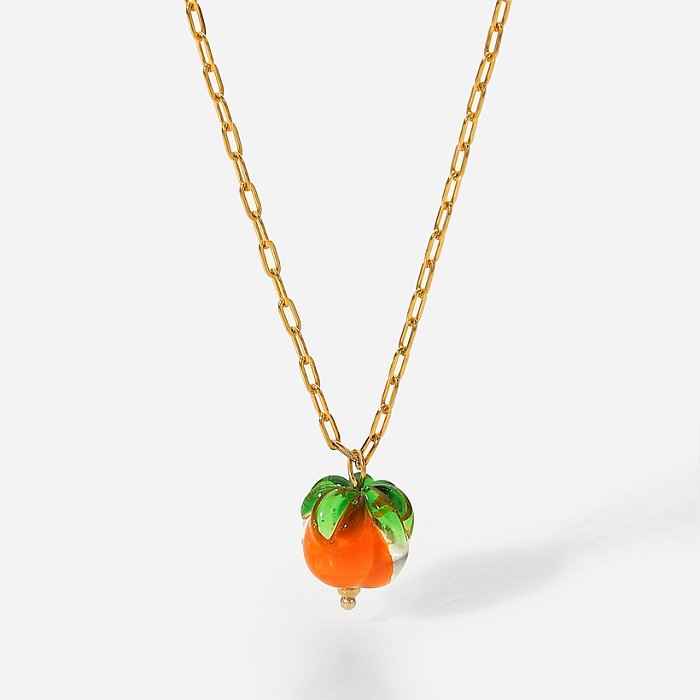 French 18K Gold Stainless Steel Cross Chain Glass Bead Persimmon Pendant Necklace