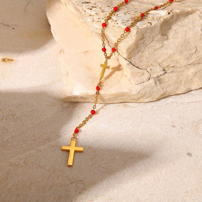 Fashion New Dripping Oil Round Beads Stainless Steel Cross Pendant YShaped Titanium Steel Necklace