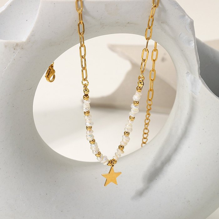fashion 18K goldplated stainless steel star pendant pearl beads stitching necklace