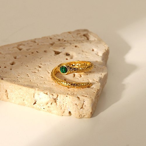 Novo anel aberto de cobra de malaquita cobra de aço inoxidável banhado a ouro 18K feminino