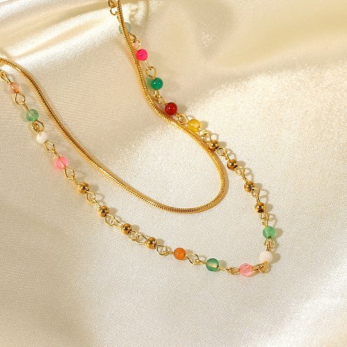 Mode perles de pierre colorées or 18 carats en acier inoxydable boule perle serpent chaîne Double couche titane acier collier