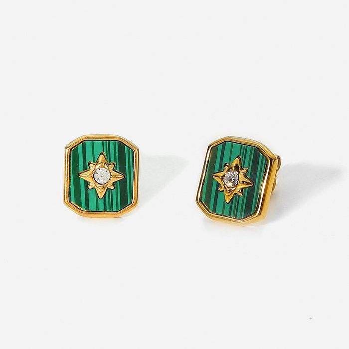 fashion retro eightpointed star embedded green malachite 18K gold stainless steel earrings