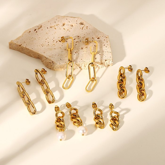 Pendientes simples de acero de titanio, pendientes largos de cadena cubana, joyería de oro de 18 quilates para mujer