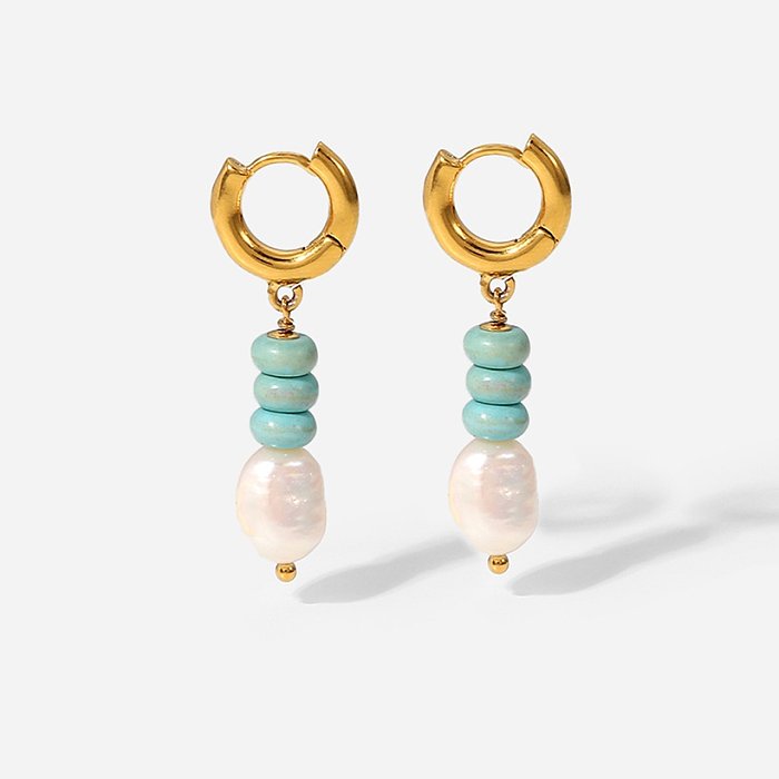 Fashion green stone pearl pendant stainless steel 18K gold earrings
