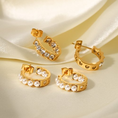 Fashion C Shape Geometric Stainless Steel Earrings Inlay Pearl Zircon Stainless Steel Earrings