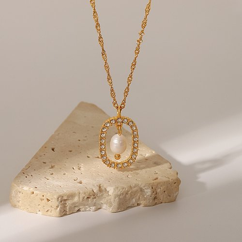 Fashion Geometric Stainless Steel Pendant Necklace Gold Plated Pearl Zircon Necklaces