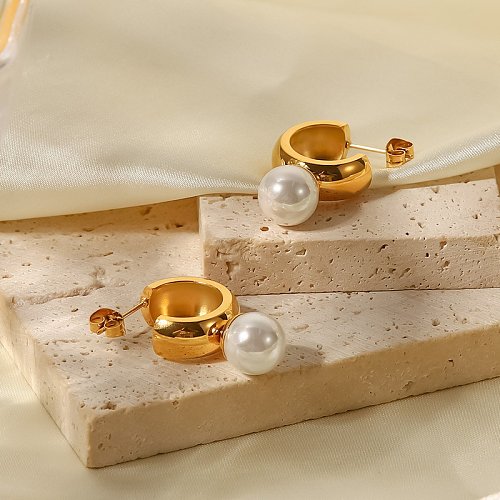 Fashion C Shape Stainless Steel Ear Studs Gold Plated Inlay Pearl Stainless Steel Earrings