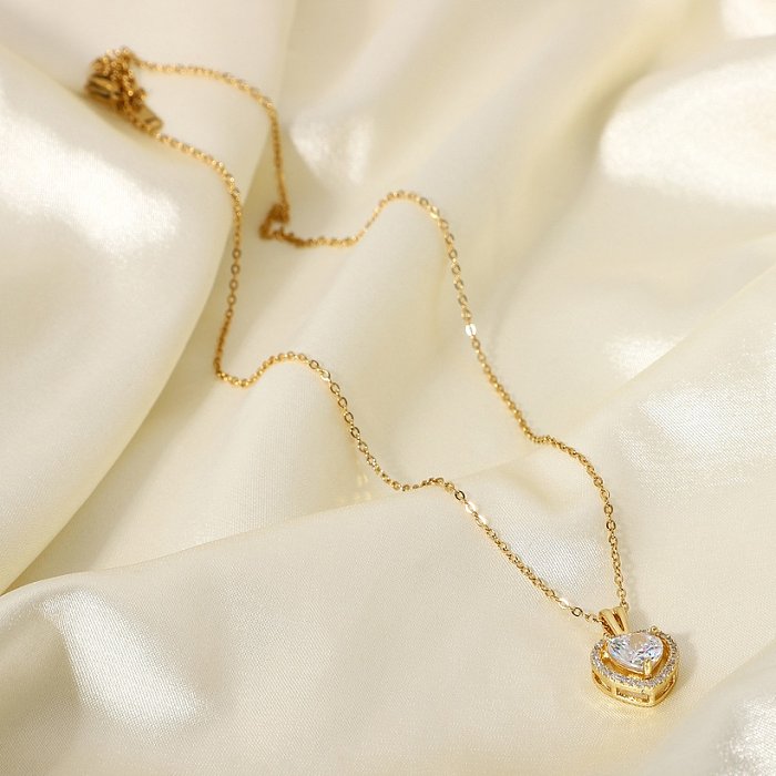 Exquisiter Damen-Hochzeitsschmuck, Edelstahl, Gold, große einzelne glänzende Kristall-Herz-Anhänger, Verlobungshalskette für Frauen