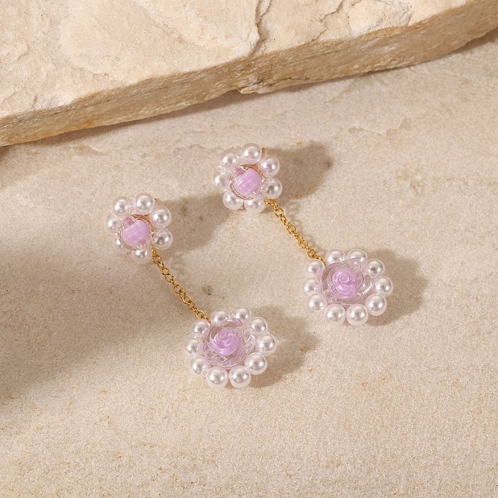 2022 New 18K Gold plated stainless steel Woven Purple Pearl Flower Crystal Earrings