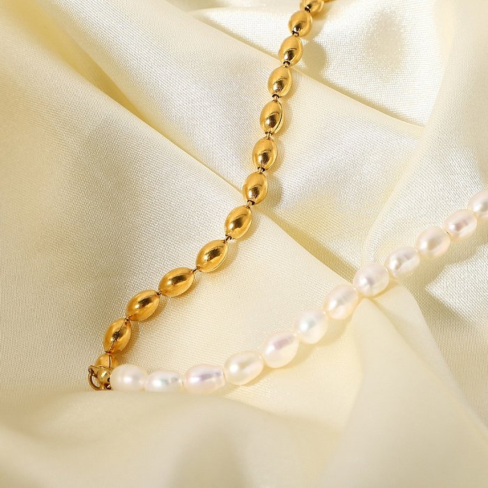 Perla de agua semidulce europea y americana, bola de cuentas chapada en oro semi18K, joyería simple de acero inoxidable, collar corto, joyería de moda