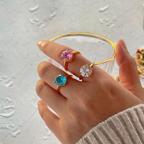 Anel fashion de aço inoxidável grande anel redondo de zircão joias
