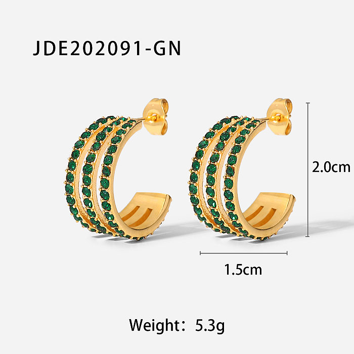 Fashion 18K Gold Green Full Zirconium ThreeLayer Linear CShaped Geometric Stainless Steel Earrings