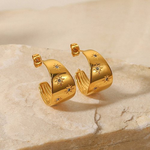 New Style stainless steel 18K gold plated Large Curved Inlaid Zirconium CShaped Earrings