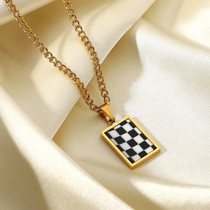nouveau petit collier de perles rondes en or 18 carats classique pendentif en damier collier en acier inoxydable