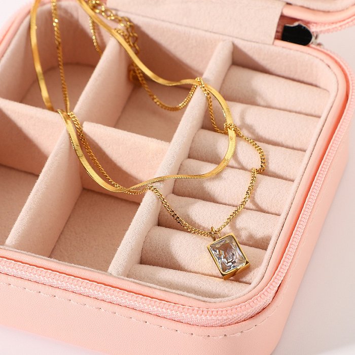18K Stainless Steel Double Layer Snake Chain Mini Square Crystal Necklace Wholesale jewelry