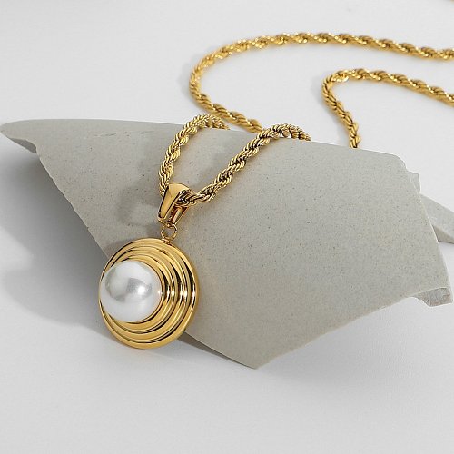 Fashion Round Tire Pattern Pearl Pendant Gold Plated Stainless Steel Necklace